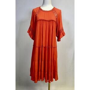 Patrons Of Peace Midi Dress Women M Tiered Lined Peasant Boho 3/4 Sleeves Orange